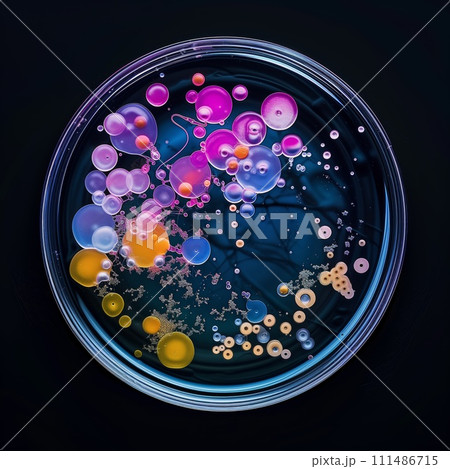 AI-generated content. Abstract Microbial Artistic Representation in Petri Dish 111486715