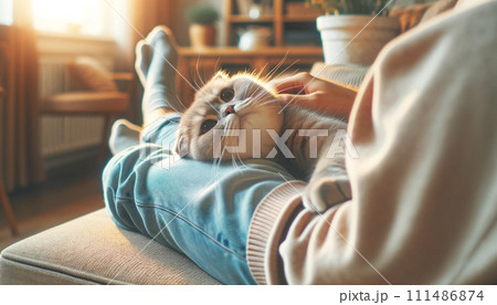 飼い主の足にすり寄って甘えるペットの猫 飼い主の足にすり寄って甘えるペットの猫 111486874