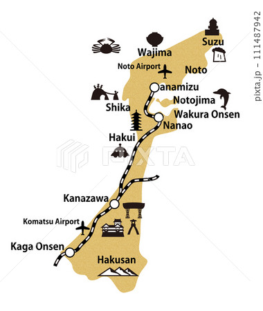 石川県の線路空港英語地名入りイラストマップ_コルク模様 111487942