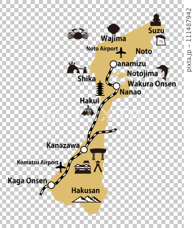 石川県の線路空港英語地名入りイラストマップ_コルク模様 111487942