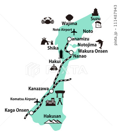 石川県の線路空港英語地名入りイラストマップ_緑色 石川県の線路空港英語地名入りイラストマップ_緑色 111487943