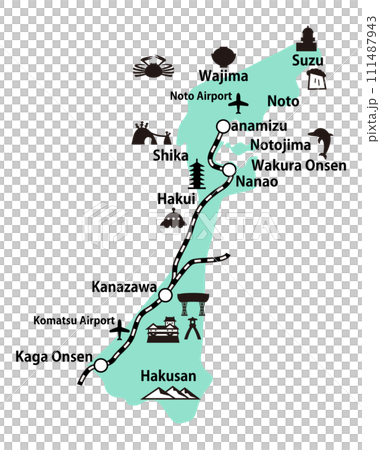 石川県の線路空港英語地名入りイラストマップ_緑色 石川県の線路空港英語地名入りイラストマップ_緑色 111487943