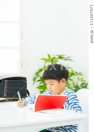 机で勉強する小学生 111487971