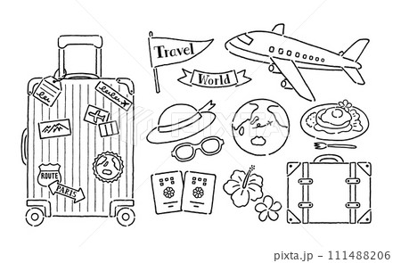スーツケースや飛行機など旅行アイコンセットペン画 111488206