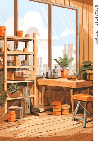 AI-generated content. Stylish Scandinavian-inspired apartment with a bright, cosy interior: Wooden wall, vintage furniture, and green plants create a beautiful, retro design concept. 111488328
