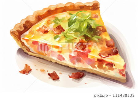 AI-generated content. Delicious Homemade Quiche: Bacon and Cheese Lorraine on a Crispy Crust, a Mouthwatering Slice of French Cuisine, Served on a Wooden Plate with Green Vegetables as a Background 111488335