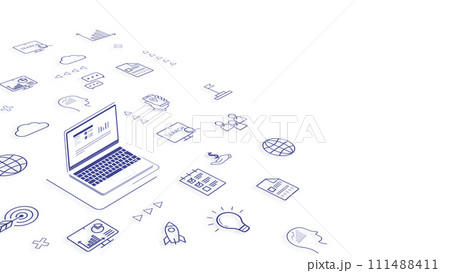 ビジネスやテクノロジーのアイソメトリックの背景　背景：白色　アイコン：紺色　　　　 111488411