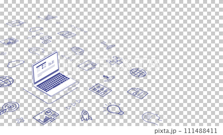 ビジネスやテクノロジーのアイソメトリックの背景　背景：白色　アイコン：紺色　　　　 111488411