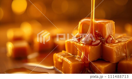 Golden Caramel Pouring Over Candies. Generative ai 111488713
