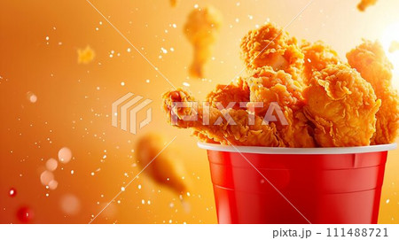 Crispy Fried Chicken in a Red Bucket. Generative ai Crispy Fried Chicken in a Red Bucket. Generative ai 111488721