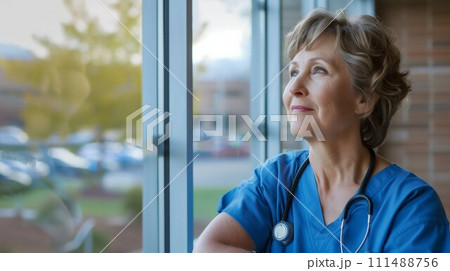 Contemplative Healthcare Professional Gazing Outside. Generative ai 111488756