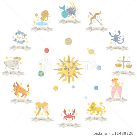 12星座　太陽系　ヨーロッパ風　イラスト（英語名称あり） 111489220