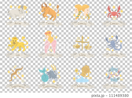 12星座　ヨーロッパ風　イラスト（英語名称あり） 111489380