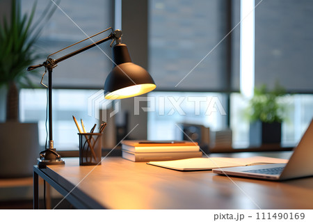 Table lamp illuminates an elegant interior with luxury furniture and stylish decor in a well-designed room by Generative AI 111490169