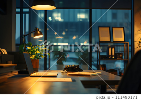 Cozy Wooden Restaurant Interior with Elegant Furniture and Ambient Lighting by Generative AI 111490171