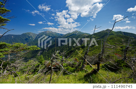 南アルプス・希望峰から見る茶臼岳・上河内岳・聖岳の山並み 111490745
