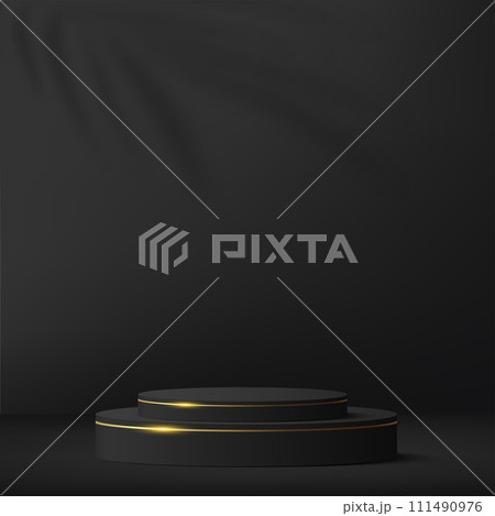 3d black color podium and minimal black gold color wall scene. 3d podium minimal abstract background. Vector 3d black color podium and minimal black gold color wall scene. 3d podium minimal abstract background. Vector 111490976