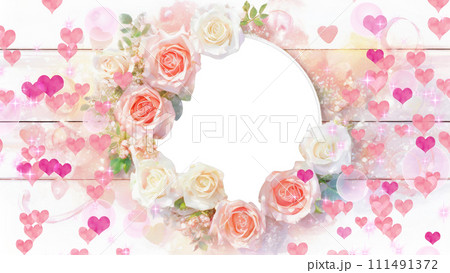 薔薇とハートの丸い枠のフォトフレーム:幸せな結婚式をイメージした花嫁のための装飾 111491372
