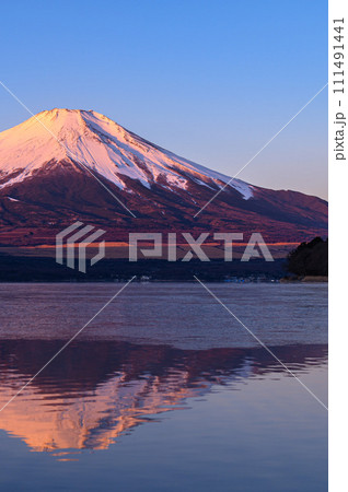 山梨県・山中湖に映る逆さ富士(早朝の紅富士) 山梨県・山中湖に映る逆さ富士(早朝の紅富士) 111491441