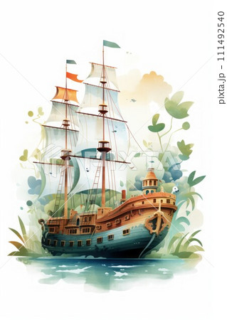 Pirate ships and sail in watercolor style on white background Created with Generative AI technology. Pirate ships and sail in watercolor style on white background Created with Generative AI technology. 111492540