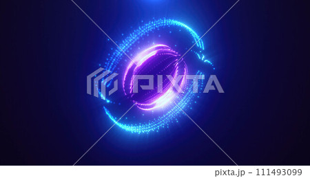 Blue purple energy magic circle sphere ball of futuristic waves and lines of particles of atom energy and electricity. Abstract background 111493099