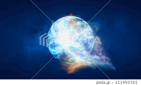 Multicolored energy magic circle sphere ball of futuristic waves and lines of smoke particles of liquid plasma energy and electricity. Abstract background Multicolored energy magic circle sphere ball of futuristic waves and lines of smoke particles of liquid plasma energy and electricity. Abstract background 111493101