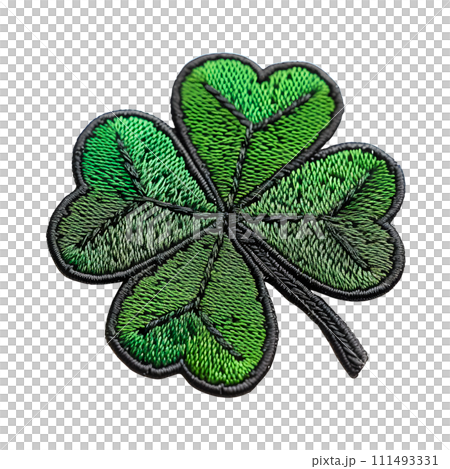 A green four leaf clover embroidered patch badge for st Patrick's day, isolated on transparent background. AI Generated 111493331