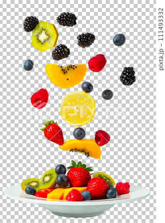 Fresh mixed fruits falling into a plate isolated on white transparent background. AI Generated 111493332