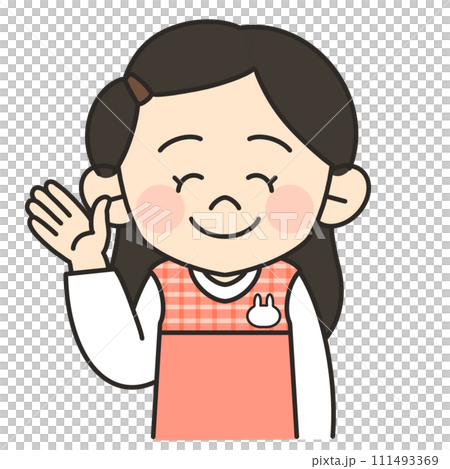 Illustration of a female childcare worker wearing an apron raising her hand Illustration of a female childcare worker wearing an apron raising her hand 111493369