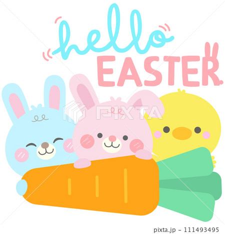 hello spring easter little bunnies and chick hides behind giant carrot with hello easter typography hello spring easter little bunnies and chick hides behind giant carrot with hello easter typography 111493495