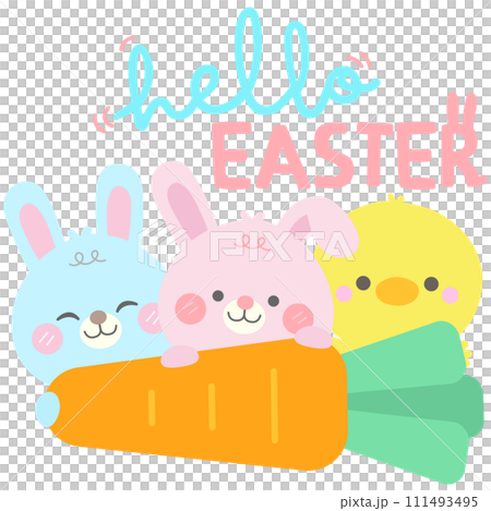 hello spring easter little bunnies and chick hides behind giant carrot with hello easter typography hello spring easter little bunnies and chick hides behind giant carrot with hello easter typography 111493495