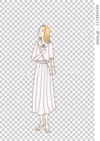 みぎ斜め上をみて歩く若い女性 111493548