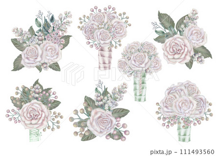 Watercolor floral bouquets of white roses, green leaves, lilac, eucalyptus in a pastel color in vintage style for wedding, Women's, Valentine's Day, template, clipart, wallpaper, scrapbook, stickers Watercolor floral bouquets of white roses, green leaves, lilac, eucalyptus in a pastel color in vintage style for wedding, Women's, Valentine's Day, template, clipart, wallpaper, scrapbook, stickers 111493560