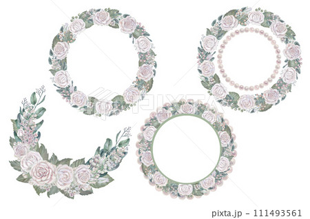 Watercolor floral wreaths of white roses, green leaves, lilac, eucalyptus in a pastel color in vintage style for wedding, Women's, Valentine's Day, template, clipart, wallpaper, scrapbook, stickers 111493561