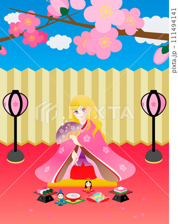 屋外でお雛様ごっこをするギャル 111494141