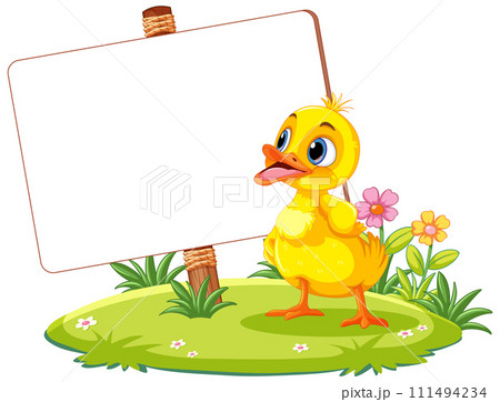 Cheerful Duckling with Blank Signboard Cheerful Duckling with Blank Signboard 111494234