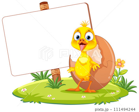 Cheerful Chick with Blank Signboard 111494244