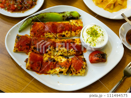 Traditional Turkish beyti kebab of grilled minced lamb in lavash 111494575
