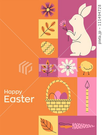 Geometric bright and colorful greeting card for Happy Easter. Trendy minimalistic holiday vector illustrations. Website decoration 111494728