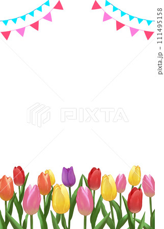 チューリップとガーランドのフレーム 飾り枠 縦長 チューリップとガーランドのフレーム 飾り枠 縦長 111495158