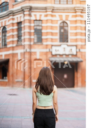 woman traveler visiting in Taiwan, Tourist sightseeing at Red House or old theater in Ximen, Taipei City. landmark and popular attractions. Asia Travel, Trip and Vacation concept 111495197