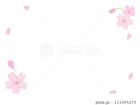 桜の花びらが舞うフレーム、アナログ手描き風味、コピースペース有り、メッセージカード、横 桜の花びらが舞うフレーム、アナログ手描き風味、コピースペース有り、メッセージカード、横 111495255