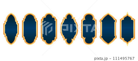 Ramadan golden frame. Islamic window shape. Arabic vector arch. Muslim vintage border for design. Indian decoration in oriental style. 111495767