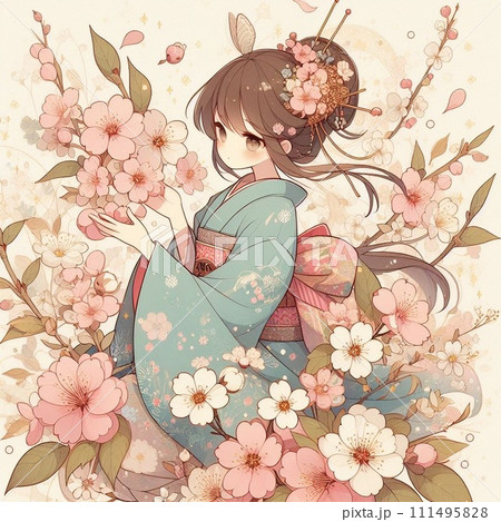 春の花の背景にいる女の子のイラスト 春の花の背景にいる女の子のイラスト 111495828