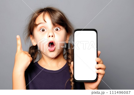 Close-up, Happy beautiful little girl showing white smartphone, Generative AI 111496087