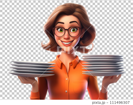 A woman with many plates (3D illustration) 111496307