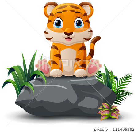 Cute tiger cartoon sitting on the stone Cute tiger cartoon sitting on the stone 111496382