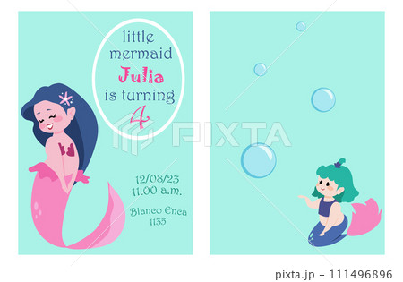 Cute mermaid. Childish invitation. Kids birthday party. Deep ocean princess. Blue marine scenery. Girl with pink fish tail. Card template cartoon flat isolated illustration. Vector illustration Cute mermaid. Childish invitation. Kids birthday party. Deep ocean princess. Blue marine scenery. Girl with pink fish tail. Card template cartoon flat isolated illustration. Vector illustration 111496896