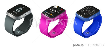 Smart watch. Isometric 3D smartwatch. Electronic bit clock on wrist bracelet. Mobile gadget. Chronometer dial. Accessory screen. Timer technology. Render timepiece. Vector objects set Smart watch. Isometric 3D smartwatch. Electronic bit clock on wrist bracelet. Mobile gadget. Chronometer dial. Accessory screen. Timer technology. Render timepiece. Vector objects set 111496897