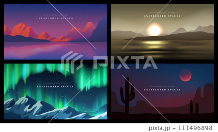 Nature landscape. Night sky. Sunrise in mountains. Aurora and stars. Moon in desert. Sunset light on space. Wild forest. Horizon panorama. Water ripple. Scenic rocks. Vector backgrounds set 111496898